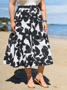 SHEIN Clasi Falda amplia con estampado floral - Blanco y Negro - Ver 4