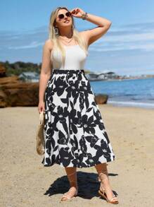 SHEIN Clasi Falda amplia con estampado floral - Blanco y Negro - Ver 6