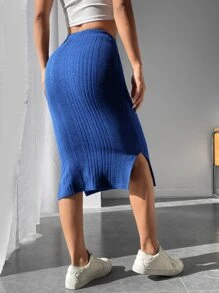 SHEIN PETITE Drawstring Waist Split Hem Ribbed Knit Skirt - Blue - View 2