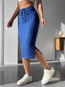 SHEIN PETITE Drawstring Waist Split Hem Ribbed Knit Skirt - Blue - View 5