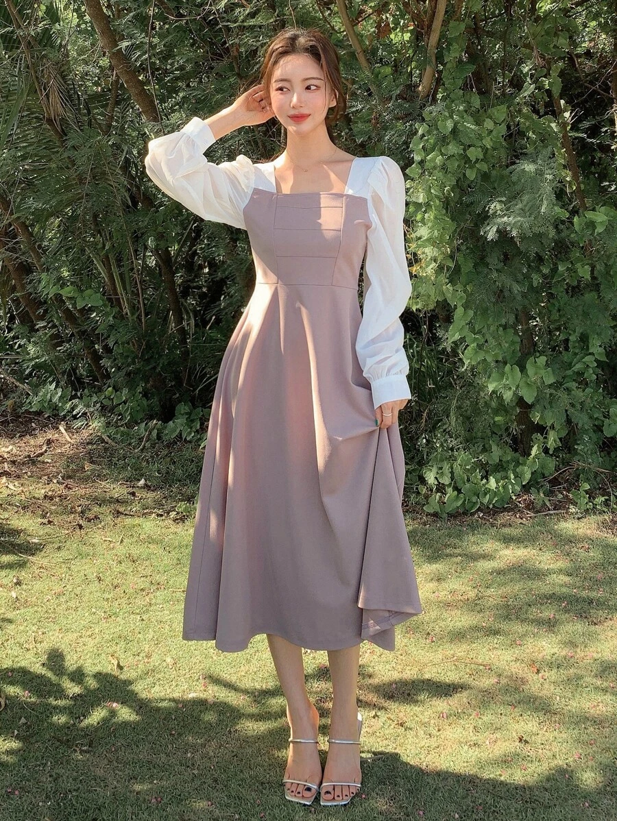 DAZY Đầm suông cổ vuông tay bồng dáng chữ A phối màu, quần áo mùa thu, quần áo trở lại trường - Bụi tím - Xem 1