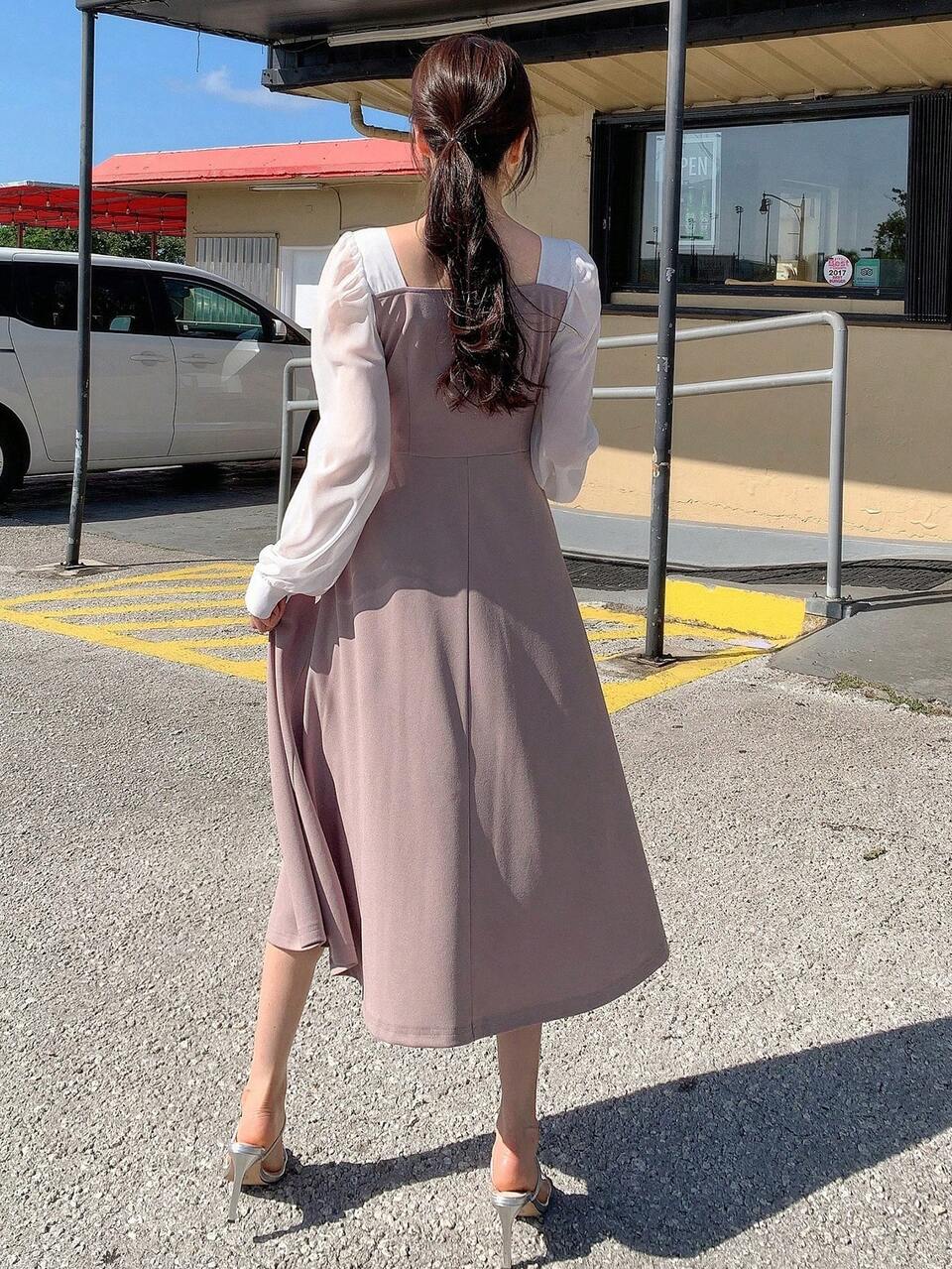 Colorblock Square Neck Puff Sleeve A-Line Dress Sundress,Fall Clothes,Back To School Clothes