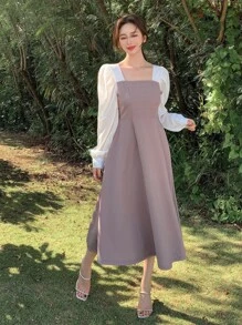 DAZY Đầm suông cổ vuông tay bồng dáng chữ A phối màu, quần áo mùa thu, quần áo trở lại trường - Bụi tím - Xem 3