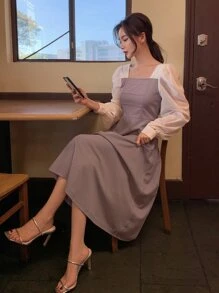 DAZY Đầm suông cổ vuông tay bồng dáng chữ A phối màu, quần áo mùa thu, quần áo trở lại trường - Bụi tím - Xem 4