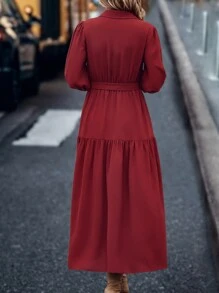 SHEIN LUNE 素色前紐扣荷葉邊腰帶襯衫連衣裙