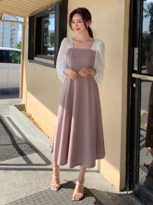 DAZY Đầm suông cổ vuông tay bồng dáng chữ A phối màu, quần áo mùa thu, quần áo trở lại trường - Bụi tím - Xem 5