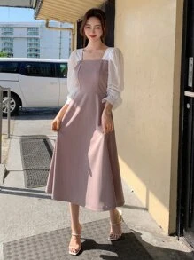 DAZY Đầm suông cổ vuông tay bồng dáng chữ A phối màu, quần áo mùa thu, quần áo trở lại trường - Bụi tím - Xem 6