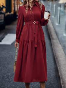 SHEIN LUNE 素色前紐扣荷葉邊腰帶襯衫連衣裙