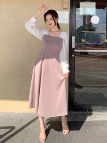 DAZY Đầm suông cổ vuông tay bồng dáng chữ A phối màu, quần áo mùa thu, quần áo trở lại trường - Bụi tím - Xem 7