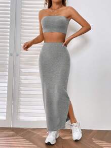 SHEIN EZwear 素色抹胸上衣和開衩短裙 - 淺灰色 - 查看 1