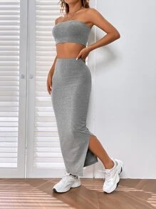 SHEIN EZwear 素色抹胸上衣和開衩短裙 - 淺灰色 - 查看 3