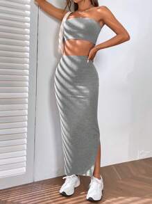 SHEIN EZwear 素色抹胸上衣和開衩短裙 - 淺灰色 - 查看 4