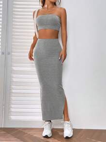 SHEIN EZwear 素色抹胸上衣和開衩短裙 - 淺灰色 - 查看 6