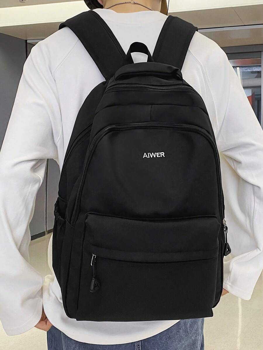 15.6英寸字母圖案經典背包中等拉鍊