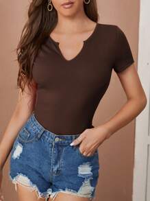 SHEIN Clasi 缺口領條紋針織T恤 - 咖啡棕 - 查看 1