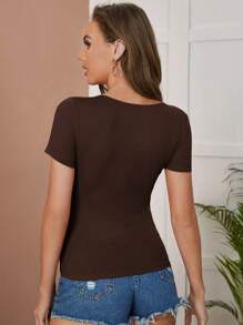 SHEIN Clasi 缺口領條紋針織T恤 - 咖啡棕 - 查看 2
