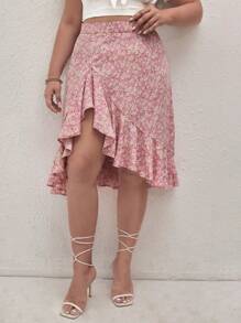 SHEIN Frenchy 大碼碎花荷葉邊半身裙 - 淺粉色 - 查看 3