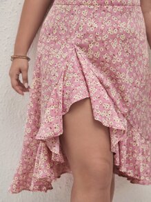 SHEIN Frenchy 大碼碎花荷葉邊半身裙 - 淺粉色 - 查看 4