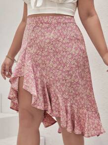SHEIN Frenchy 大碼碎花荷葉邊半身裙 - 淺粉色 - 查看 5