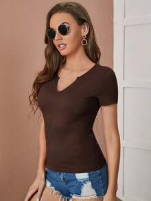 SHEIN Clasi 缺口領條紋針織T恤 - 咖啡棕 - 查看 3