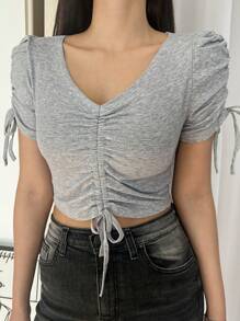 DAZY 素色前抽繩泡泡袖短款T恤 - 淺灰色 - 查看 1