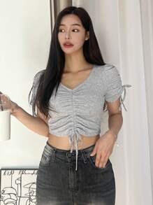 DAZY 素色前抽繩泡泡袖短款T恤 - 淺灰色 - 查看 6