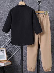 SHEIN Tween Boy Letter Patched Pocket Half Button Shirt & Drawstring Waist Pants
