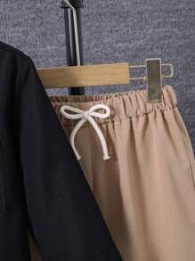 SHEIN Tween Boy Letter Patched Pocket Half Button Shirt & Drawstring Waist Pants