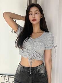 DAZY 素色前抽繩泡泡袖短款T恤 - 淺灰色 - 查看 8