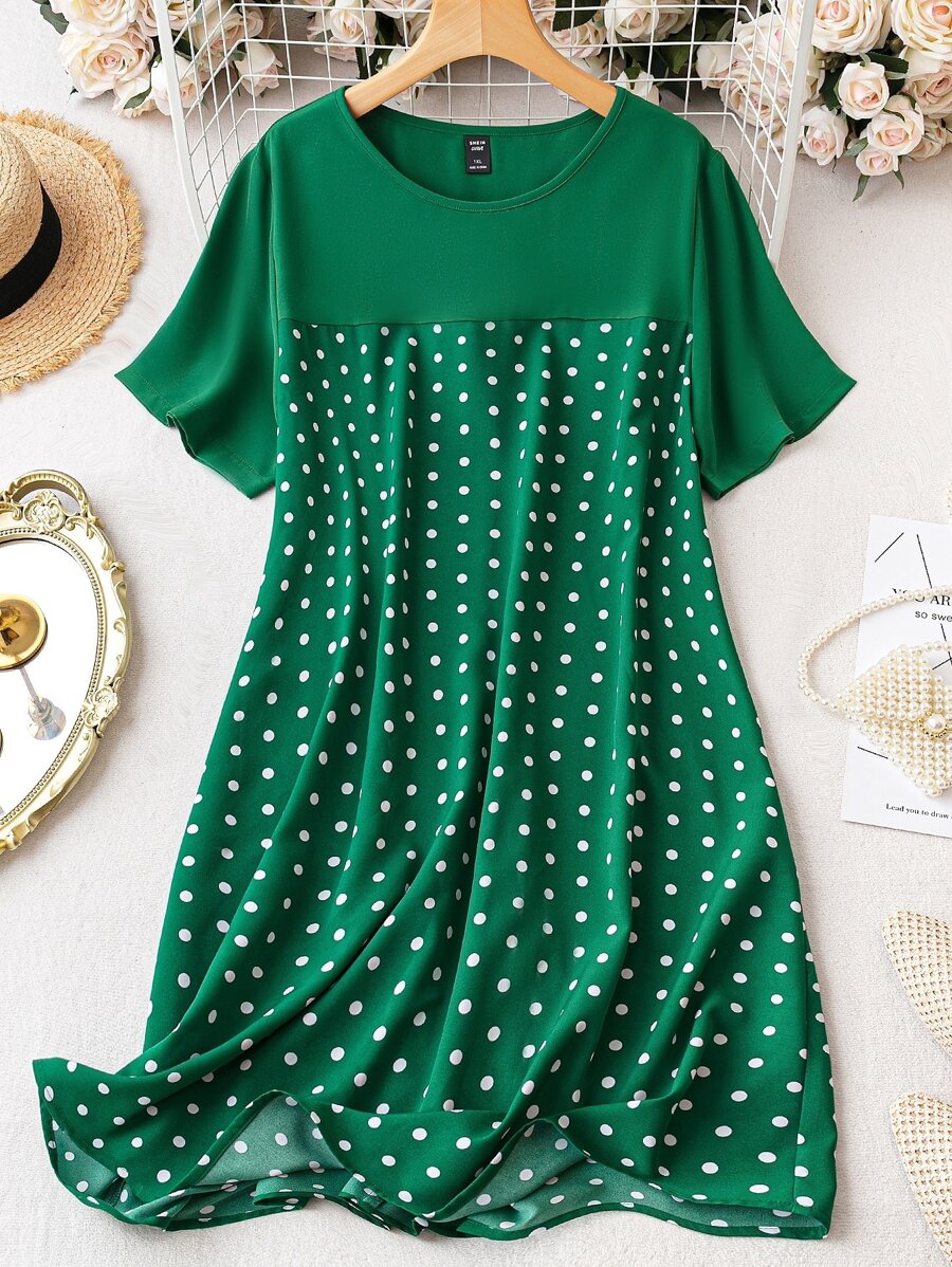 Vestido de manga de mariposa con estampado de lunares, de verano - Verde - Ver 1