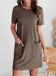 SHEIN LUNE Vestido estilo camiseta unicolor con doble bolsillo - Marrón Chocolate - Ver 4