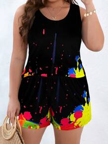 SHEIN LUNE 大碼圖案印花背心上衣和短褲 - 彩色 - 查看 1