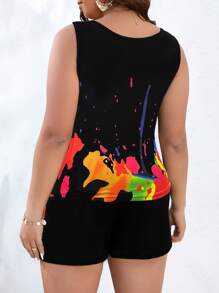 SHEIN LUNE 大碼圖案印花背心上衣和短褲 - 彩色 - 查看 2