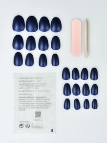 Transform Your Nails with 24pcs Long Almond Blue Solid Color Matte Fake Nail & 1pc Nail File & 1sheet Tape & 1pc Stick - Navy Blue - View 2