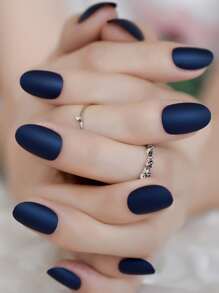 Transform Your Nails with 24pcs Long Almond Blue Solid Color Matte Fake Nail & 1pc Nail File & 1sheet Tape & 1pc Stick - Navy Blue - View 4