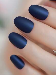 Transform Your Nails with 24pcs Long Almond Blue Solid Color Matte Fake Nail & 1pc Nail File & 1sheet Tape & 1pc Stick - Navy Blue - View 5