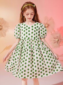 Chica preadolescente Vestido smock de lunares de manga farol - Blanco - Ver 1