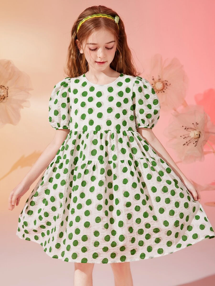 Chica preadolescente Vestido smock de lunares de manga farol - Blanco - Ver 1