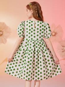 Chica preadolescente Vestido smock de lunares de manga farol - Blanco - Ver 2