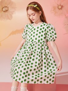 Chica preadolescente Vestido smock de lunares de manga farol - Blanco - Ver 3