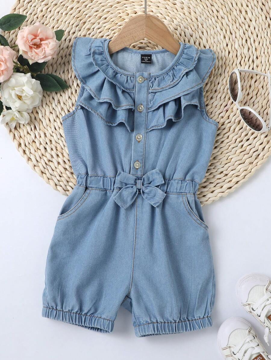 Toddler Girls Ruffle Trim Bow Front Denim Romper - Light Wash - View 1