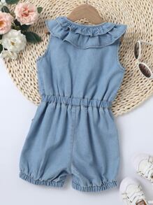 Toddler Girls Ruffle Trim Bow Front Denim Romper - Light Wash - View 2