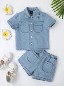 嬰兒雙口袋牛仔襯衫和短褲 - 淺色水洗藍 - 查看 1