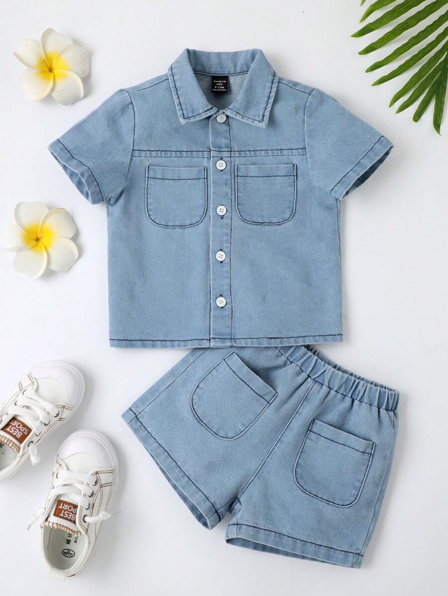嬰兒雙口袋牛仔襯衫和短褲 - 淺色水洗藍 - 查看 1