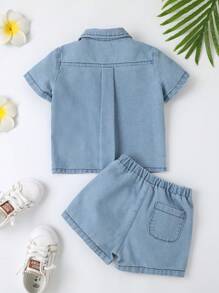 嬰兒雙口袋牛仔襯衫和短褲 - 淺色水洗藍 - 查看 2