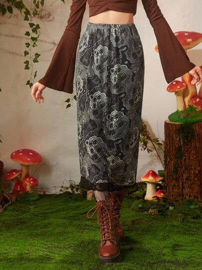 Floral Print Lace Trim Mesh Overlay Skirt