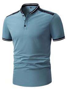 Manfinity Homme Hombres Camisa polo con cinta con letra ribete en contraste - Neblina azul - Ver 3