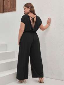 SHEIN Frenchy Jumpsuits Plus Size Lộ Lưng Túi Buộc lại màu trơn Giải trí - màu đen - Xem 3