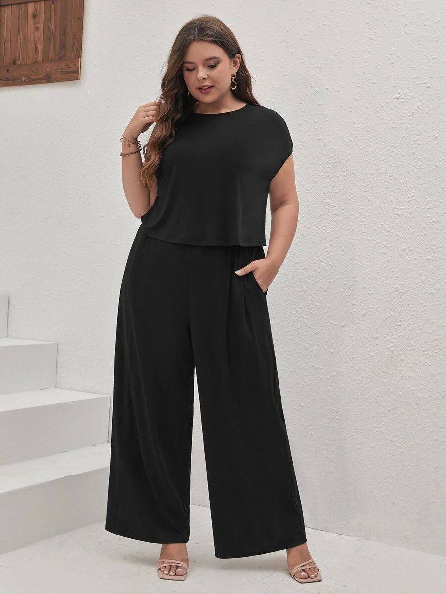 SHEIN Frenchy Jumpsuits Plus Size Lộ Lưng Túi Buộc lại màu trơn Giải trí - màu đen - Xem 1