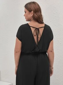 SHEIN Frenchy Jumpsuits Plus Size Lộ Lưng Túi Buộc lại màu trơn Giải trí - màu đen - Xem 2